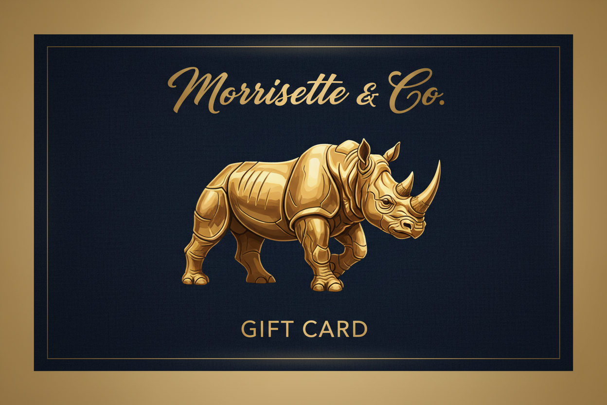 Create Gift Card with a Gold Rhino on the front. With the name Morrisette & Co. Gift Card. background color a navy blue. 