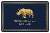 Create Gift Card with a Gold Rhino on the front. With the name Morrisette & Co. Gift Card. Navy Blue Background. Ralph Lauren Inspired